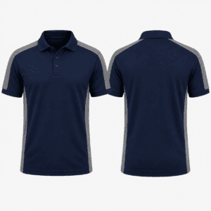 Men corporate polo t shirt uniform in navy blue and grey with contrast panel design, front and back product view, breathable workwear fabric for office staff and field teams by Essay Sports