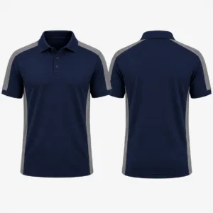 Men corporate polo t shirt uniform in navy blue and grey with contrast panel design, front and back product view, breathable workwear fabric for office staff and field teams by Essay Sports