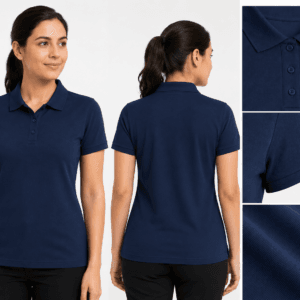 Women corporate polo t shirt uniform by Essay Sports with professional fit, navy blue design, breathable fabric, and front and back product view for office and promotional staff