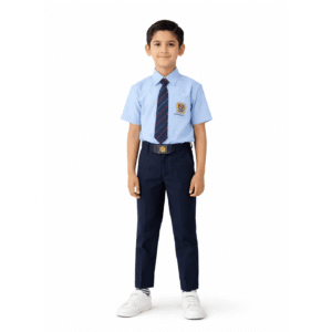 boys school uniform sky blue shirt navy trousers embroidered crest