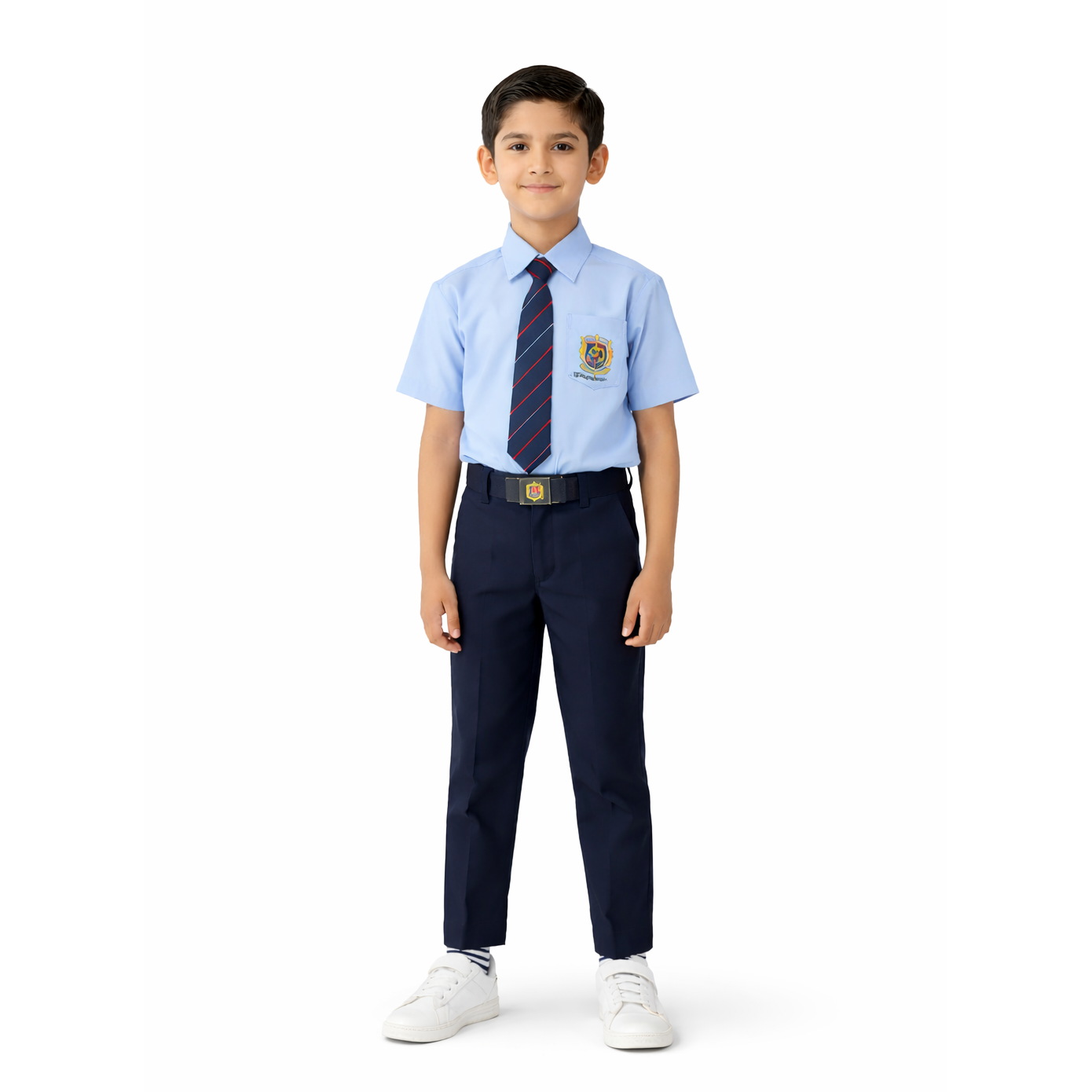 Boys School Uniform — Sky Blue Shirt & Navy Trousers boys school uniform sky blue shirt navy trousers embroidered crest