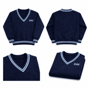 wool V-neck school sweater with sax-blue double stripe