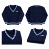 wool V-neck school sweater with sax-blue double stripe