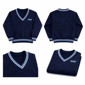 wool V-neck school sweater with sax-blue double stripe