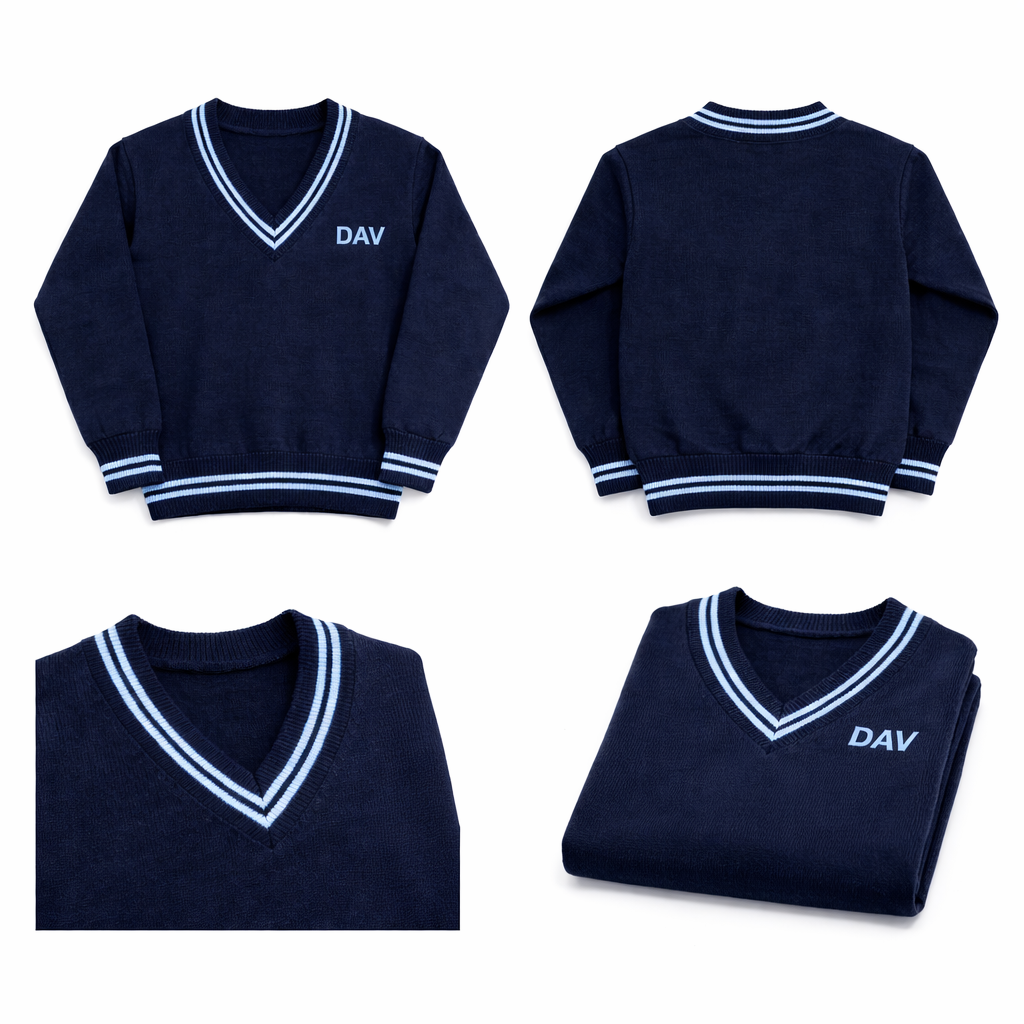 DAV New Uniform — Navy V-Neck Sweater (III–V) wool V-neck school sweater with sax-blue double stripe