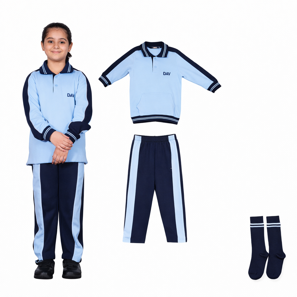DAV Nursery-II Uniform Set — Sky Blue Fleece & Navy Track Pants sky-blue full-sleeve Nursery-II uniform set with navy collar and embroidery