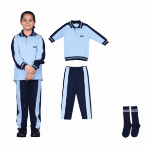 sky-blue full-sleeve Nursery-II uniform set with navy collar and embroidery