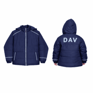 navy DAV school Jacket front view with zipper and slit pockets