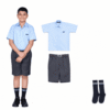 DAV school uniform III–V — sax-blue polycotton shirt, steel-grey shorts with belt and matching socks (2026 summer set).
