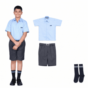 DAV school uniform III–V — sax-blue polycotton shirt, steel-grey shorts with belt and matching socks (2026 summer set).