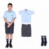 DAV school uniform III–V — sax-blue polycotton shirt, steel-grey shorts with belt and matching socks (2026 summer set).