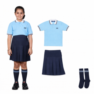 DAV nursery girls uniform — sky-blue polycotton polo, navy pleated skirt and matching navy socks (2026 summer set).