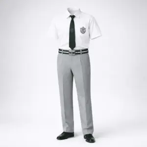 DPS boys uniform — white half-sleeve shirt with chest pocket and tailored grey trousers with bottle-green belt