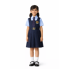 Girl wearing navy blue pleated school pinafore with light-blue shirt, striped tie and school crest