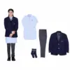IX–XII girls wearing DAV sax blue long kurta with navy blazer and steel grey pencil trousers