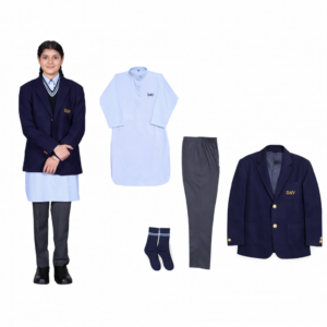 IX–XII girls wearing DAV sax blue long kurta with navy blazer and steel grey pencil trousers