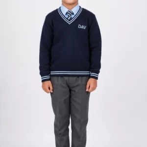Indian child wearing navy blue DAV full sleeve V-neck school sweater with grey trousers and striped school tie on studio background