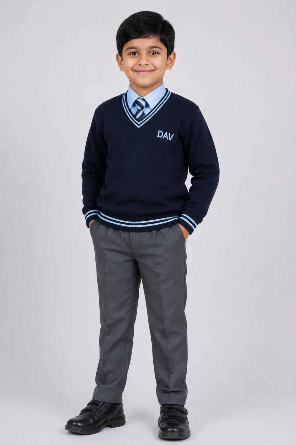 dav-full-sleeve-school-sweater-side-pose. Studio side pose of Indian school boy wearing navy blue DAV full sleeve winter sweater with grey school pants