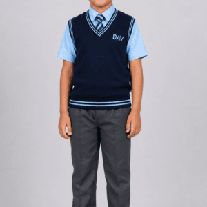 Front view of Indian boy wearing DAV navy blue half sleeve school sweater with tie grey trousers and formal school shoes