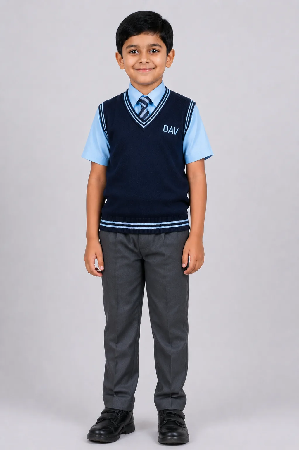 dav-half-sleeve-school-sweater-front-view Front view of Indian boy wearing DAV navy blue half sleeve school sweater with tie grey trousers and formal school shoes