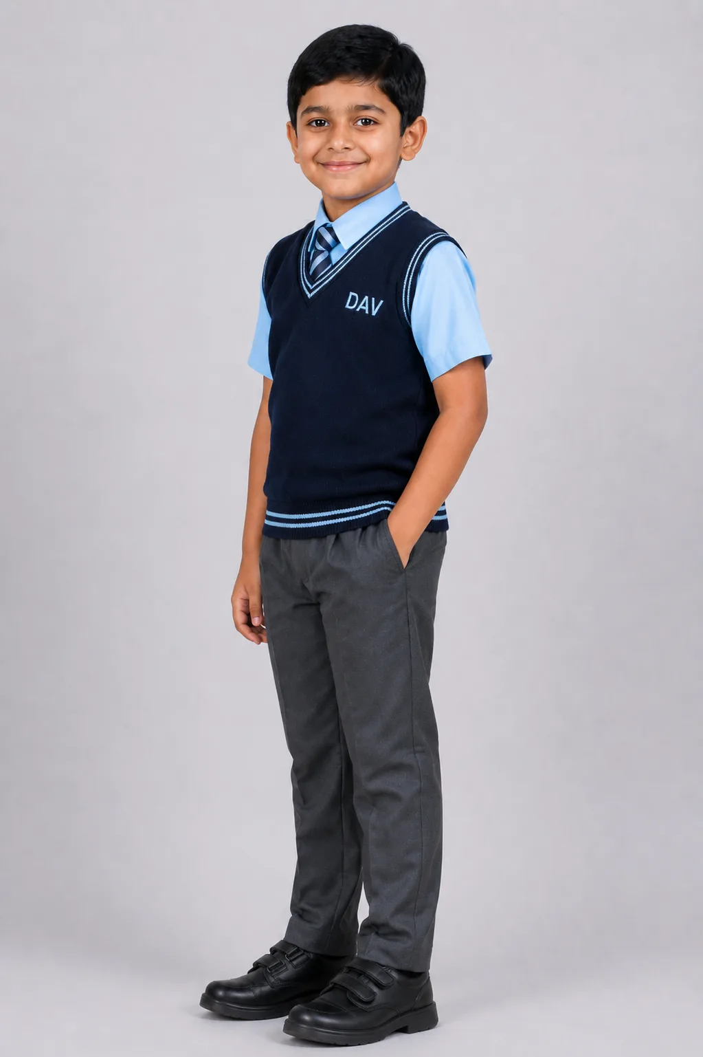 dav-half-sleeve-school-sweater-side-angle-boy Indian school boy wearing navy blue DAV half sleeve V-neck school sweater with light blue shirt and grey trousers in studio shoot