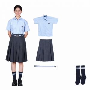 dav new uniform vi-viii sky blue half-sleeve shirt steel grey pleated skirt