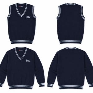 DAV school uniform navy blue full sleeve and half sleeve sweater front and back product view with V-neck striped design