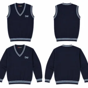 DAV school uniform navy blue full sleeve and half sleeve sweater front and back product view with V-neck striped design
