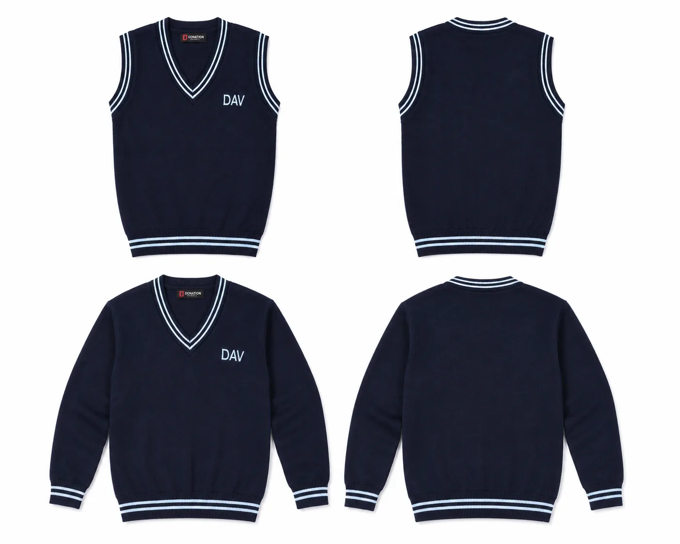 dav-school-sweater-full-half-sleeve-front-back DAV school uniform navy blue full sleeve and half sleeve sweater front and back product view with V-neck striped design