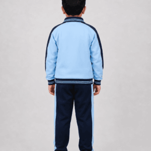Close-up front view of Indian school boy wearing DAV light blue and navy blue winter tracksuit with collar and kangaroo pocket
