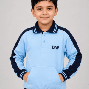 Close-up front view of Indian school boy wearing DAV light blue and navy blue winter tracksuit with collar and kangaroo pocket