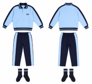 DAV school tracksuit front and back product view in light blue and navy blue with matching lower and socks for students