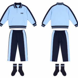 DAV school tracksuit front and back product view in light blue and navy blue with matching lower and socks for students