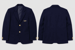 Navy blue DAV school uniform blazer front and back product view with gold buttons and formal wool fabric for senior students