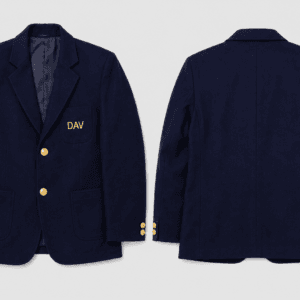 Navy blue DAV school uniform blazer front and back product view with gold buttons and formal wool fabric for senior students