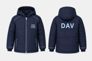 DAV school winter padded jacket front and back product view with hood navy blue zipper design and embroidered school logo