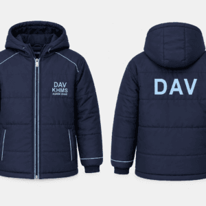 DAV school winter padded jacket front and back product view with hood navy blue zipper design and embroidered school logo