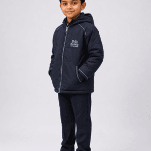 DAV school winter padded jacket front and back product view with hood navy blue zipper design and embroidered school logo
