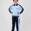 Full body studio image of Indian school boy wearing DAV winter tracksuit uniform with matching navy blue sports lower and sweatshirt