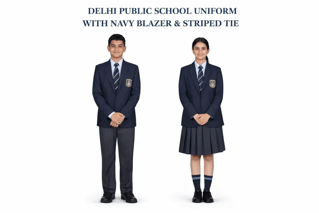 Delhi Public School navy blazer and striped tie uniform sample