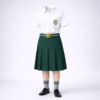 DPS-style girls summer uniform — white half-sleeve shirt with bottle green pleated skirt, bottle-green belt, grey socks and black shoes.