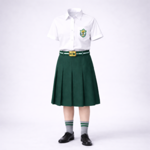 DPS-style girls summer uniform — white half-sleeve shirt with bottle green pleated skirt, bottle-green belt, grey socks and black shoes.