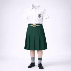 DPS-style girls summer uniform — white half-sleeve shirt with bottle green pleated skirt, bottle-green belt, grey socks and black shoes.