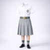 DPS-style girls summer uniform — white half-sleeve shirt with grey pleated skirt, bottle-green belt, grey socks with green stripes and black school shoes.