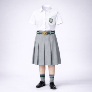 DPS-style girls summer uniform — white half-sleeve shirt with grey pleated skirt, bottle-green belt, grey socks with green stripes and black school shoes.