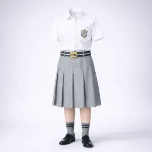 DPS-style girls summer uniform — white half-sleeve shirt with grey pleated skirt, bottle-green belt, grey socks with green stripes and black school shoes.