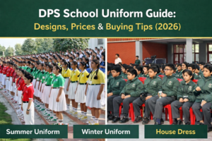 DPS school uniform guide 2026 showing Delhi Public School summer uniform, winter uniform and house dress with bottle-green blazer and white skirt