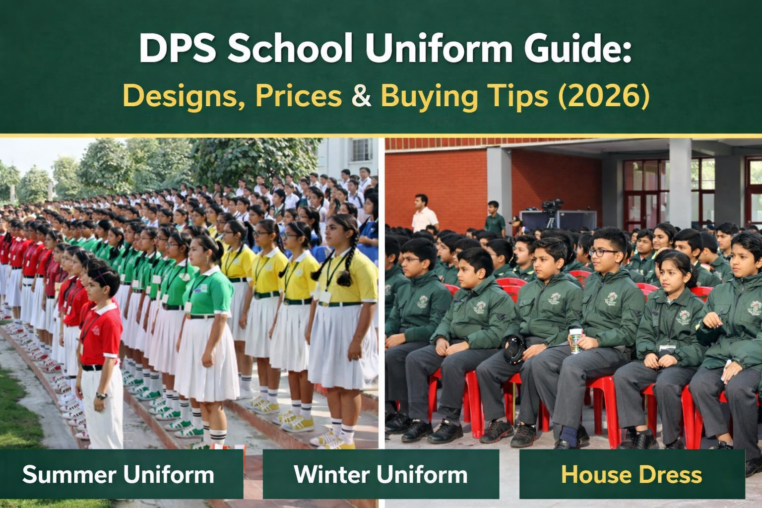 DPS school uniform guide 2026 showing Delhi Public School summer uniform, winter uniform and house dress with bottle-green blazer and white skirt