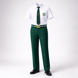 green school uniform — white half-sleeve shirt with dark green trousers, green tie and striped belt.