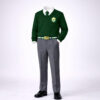 boys green v-neck sweater uniform with crest - full outfit front view